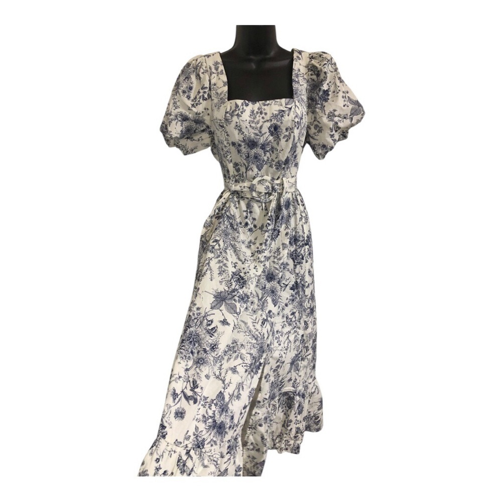 Cream‎ blue floral puff sleeve belted smocked square neck nap dress size medium - Picture 13 of 17